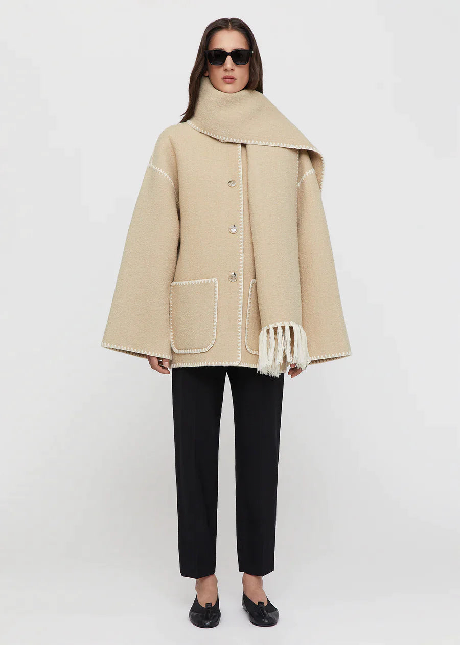Beige coat with scarf hot sale