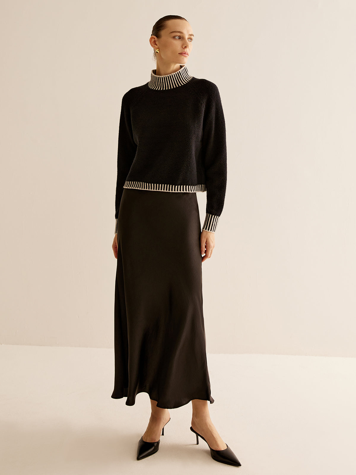Striped Trim Turtleneck Sweater