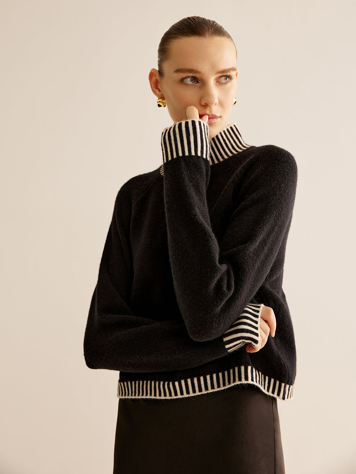 Striped Trim Turtleneck Sweater