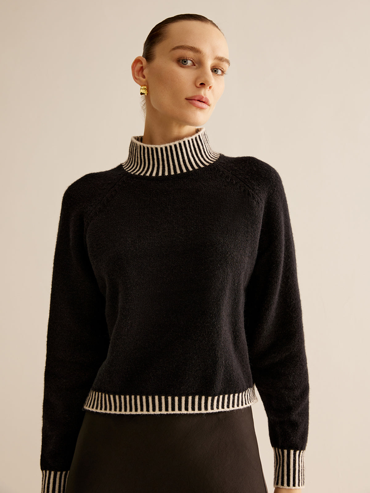 Striped Trim Turtleneck Sweater