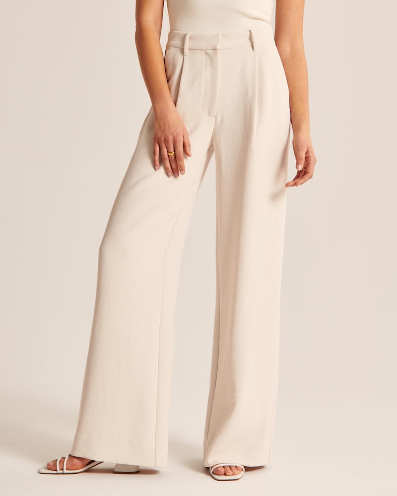 Beige Wide-Leg Tailored Pants