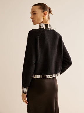 Striped Trim Turtleneck Sweater