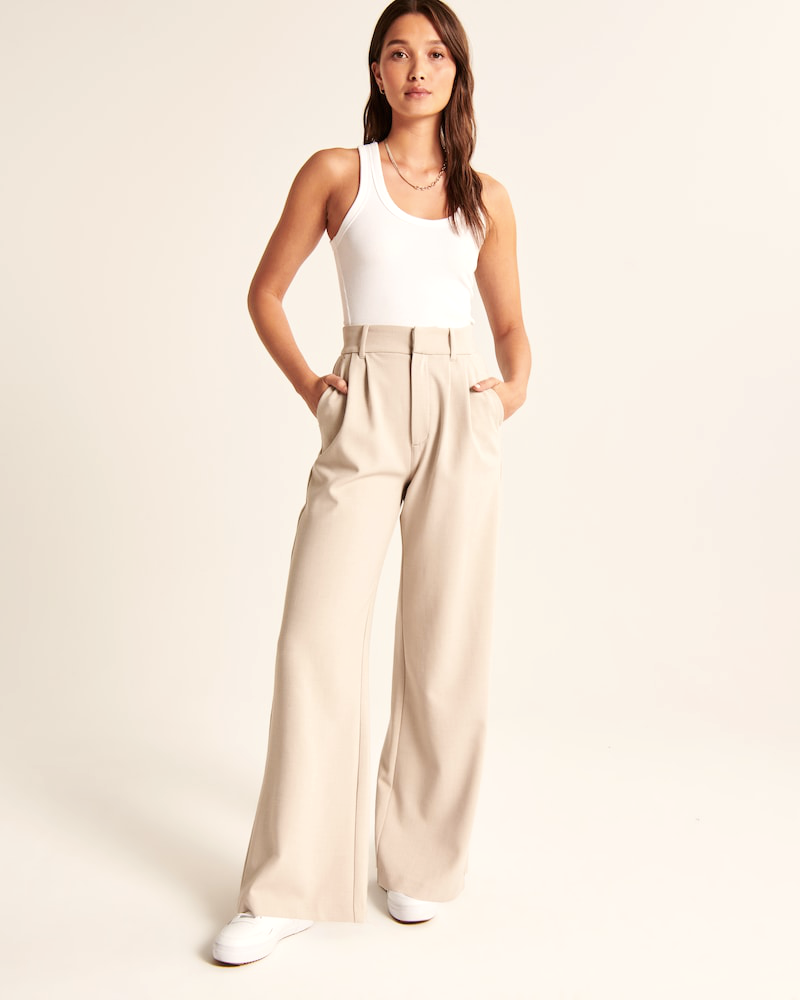 Beige straight leg sales trousers