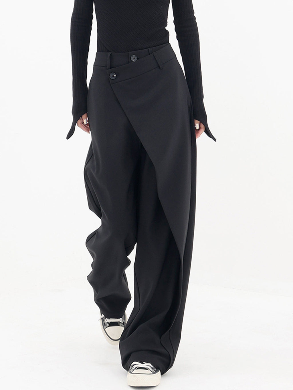 NEW Loose Black Pants / Wide Leg Pants /extravagant Trousers Side Pockes /  Belt Button and Zipper Waistline /handmade by Aakasha A05555 